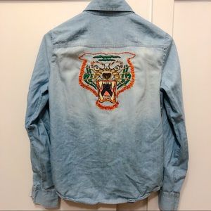 Hand Embroidered Tiger Denim Shirt Size Small